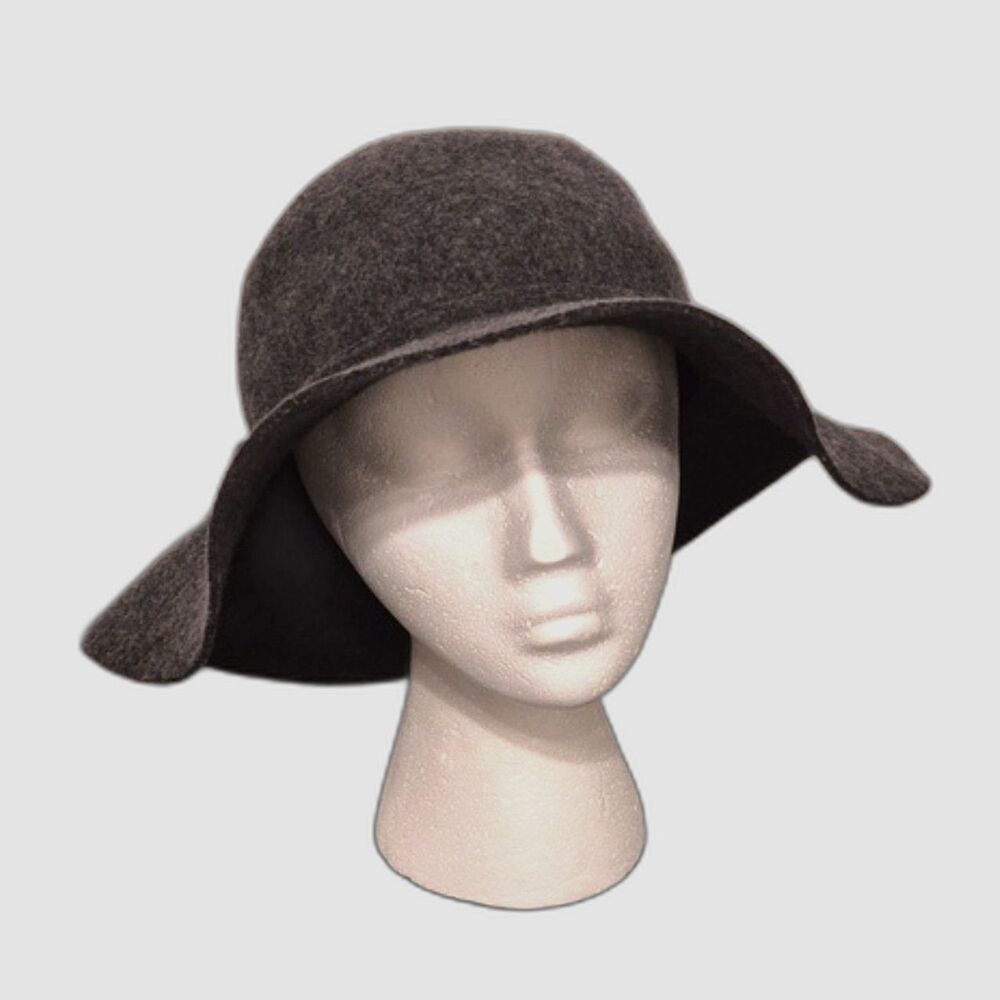 Deena & Ozzy 100% Wool Felt Wide Brim Hat Charcoal Gray Floppy Cloche Style